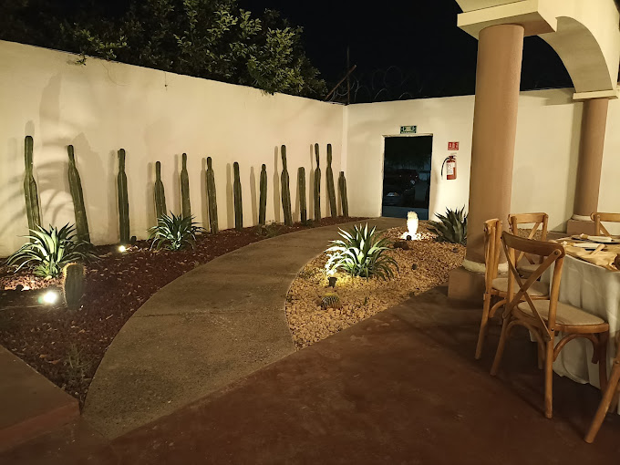 Andador del jardín de noche, con cactus y la terraza al fondo